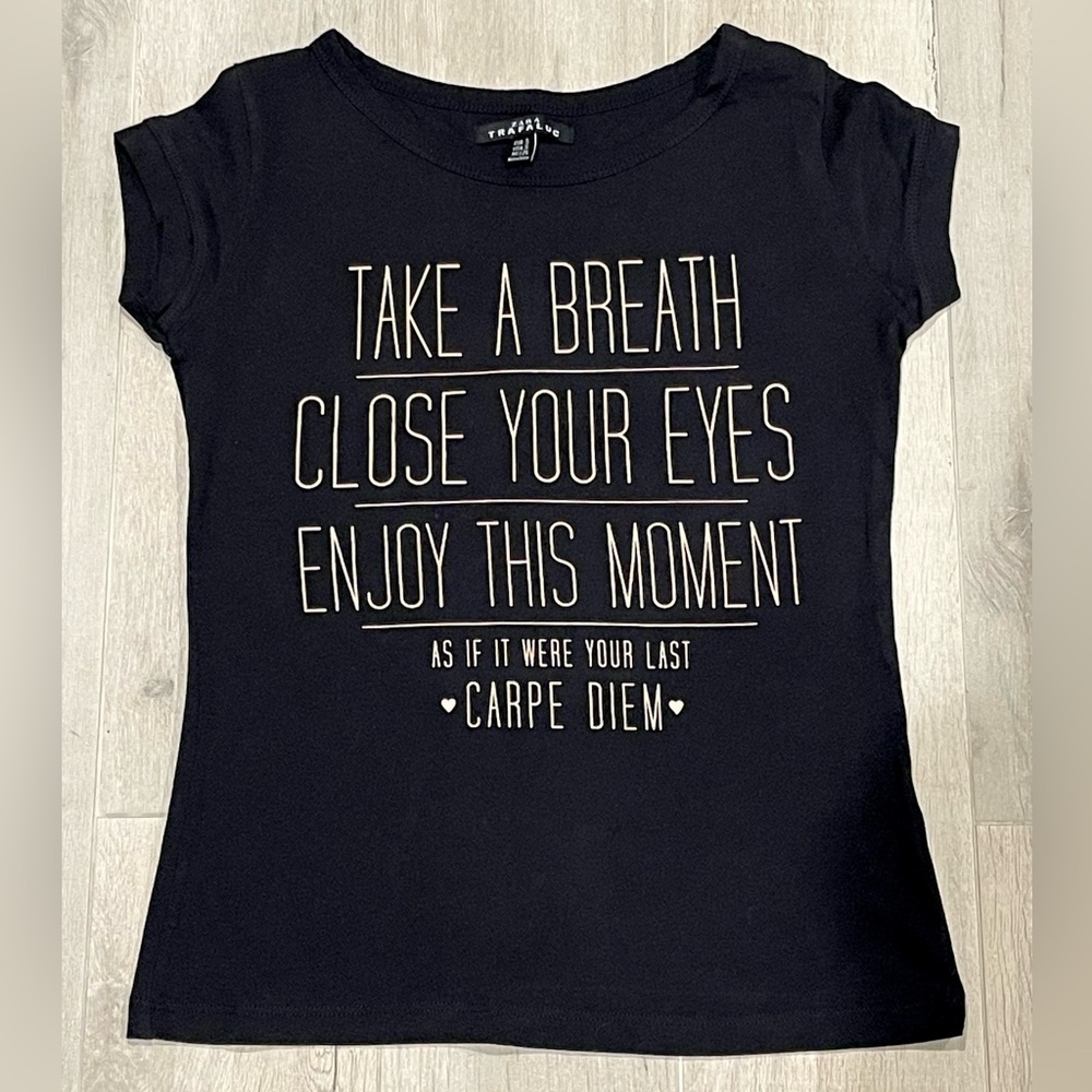 Zara Black Graphic Tee with Inspirational Quote Size S